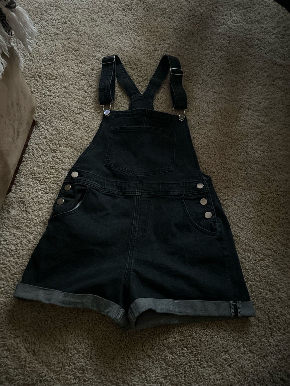 Black Denim Short Overalls with Rolled Hem stretch spandex 2%